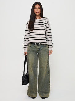 side view of model wearing Princess Polly Souvenirs Knit Sweater Grey Stripe Jumpers 