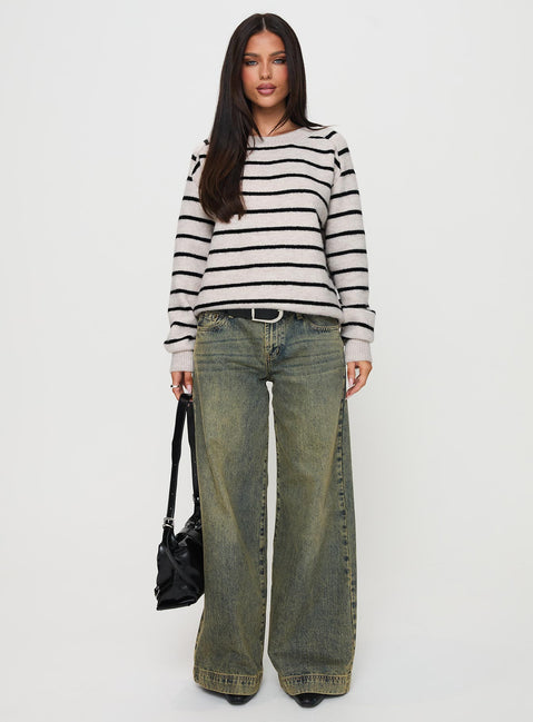 side view of model wearing Princess Polly Souvenirs Knit Sweater Grey Stripe Jumpers 
