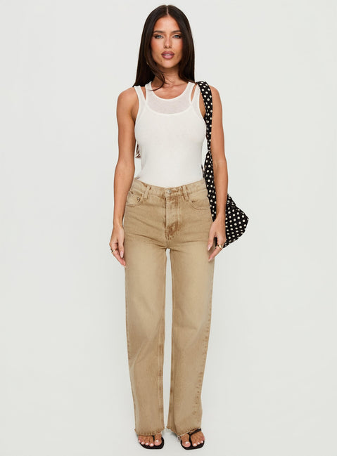 front view of model wearing Princess Polly Fawcett High Rise Straight Leg Jeans Tan High Rise Jeans Jeans 