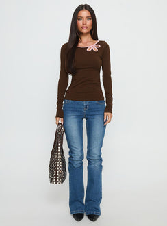 Double Back Floral Cut Out Long Sleeve Top Chocolate / Pink