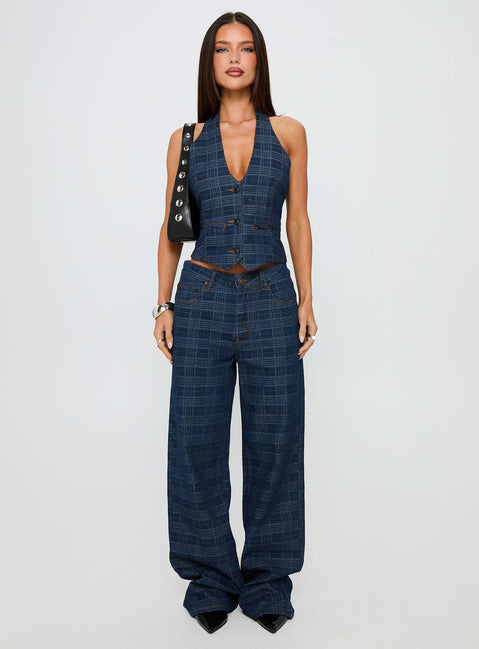 front view of model wearing Princess Polly Top Model Low Rise Straight Leg Jeans Indigo Plaid Mid Rise Jeans Jeans 
