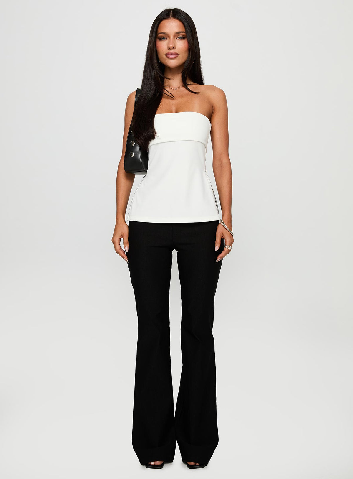 front view of model wearing Princess Polly Express Yourself Zip Side Top White Sleeveless straight 