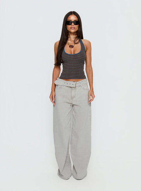front view of model wearing Princess Polly Katlin Mid Rise Wide Leg Buckle Detail Jeans Grey Wash Mid Rise Jeans Jeans 