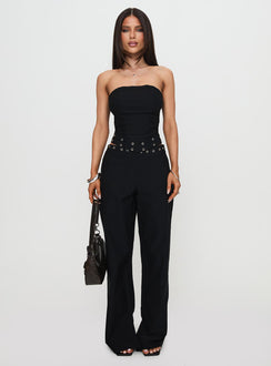 front view of model wearing Princess Polly Passionette Pants Black Petite High Rise Pants Pants 