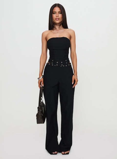 front view of model wearing Princess Polly Passionette Pants Black Petite High Rise Pants Pants 