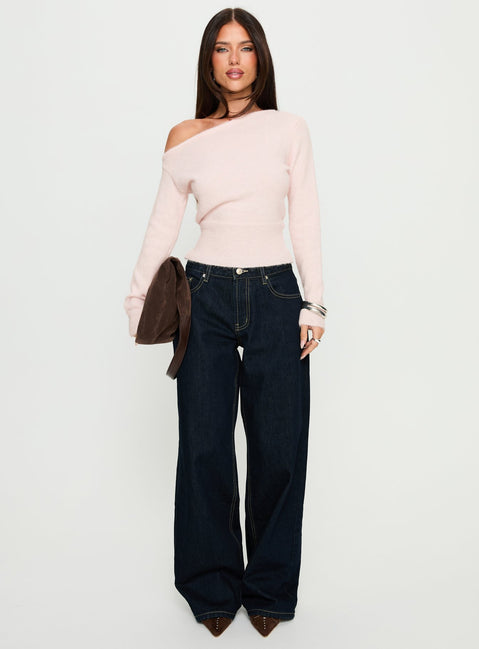 side view of model wearing Princess Polly Serenitia Mid Rise Relaxed Jeans Dark Raw Wash Mid Rise Jeans 
