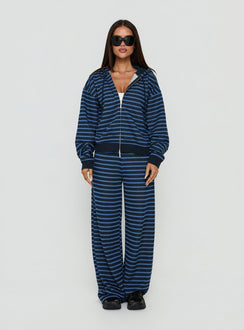 Style shot showcasing the Delaeni Zip Through Hoodie Blue Stripe womens-jumpers in short length front view of model wearing Princess Polly
