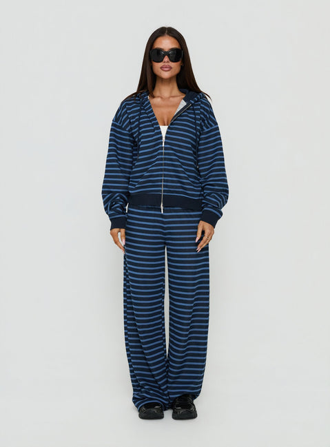 Style shot showcasing the Delaeni Zip Through Hoodie Blue Stripe womens-jumpers in short length front view of model wearing Princess Polly