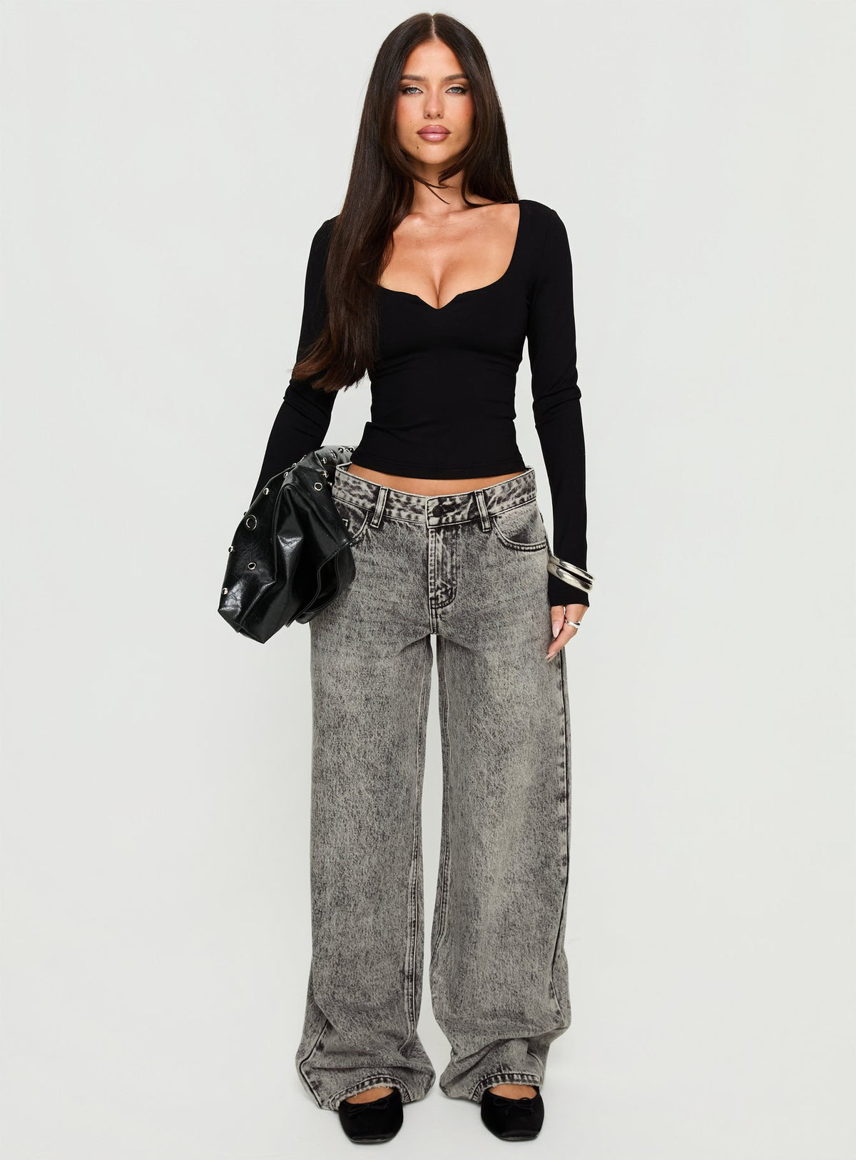 front view of model wearing Princess Polly Serenitia Mid Rise Relaxed Jeans Washed Grey Mid Rise Jeans Jeans 