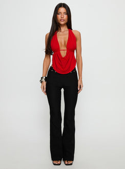 front view of model wearing Princess Polly Yevina Eyelet Flare Pant Black Low Rise Pants Pants 