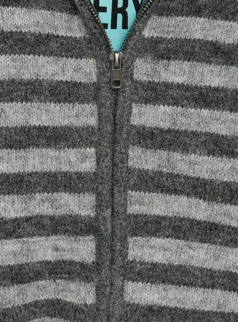Close-up of the Aubry Oversized True Knit Hoodie in Grey Stripe, a short length womens jumper showcasing striped knit texture and zipper detail Princess Polly