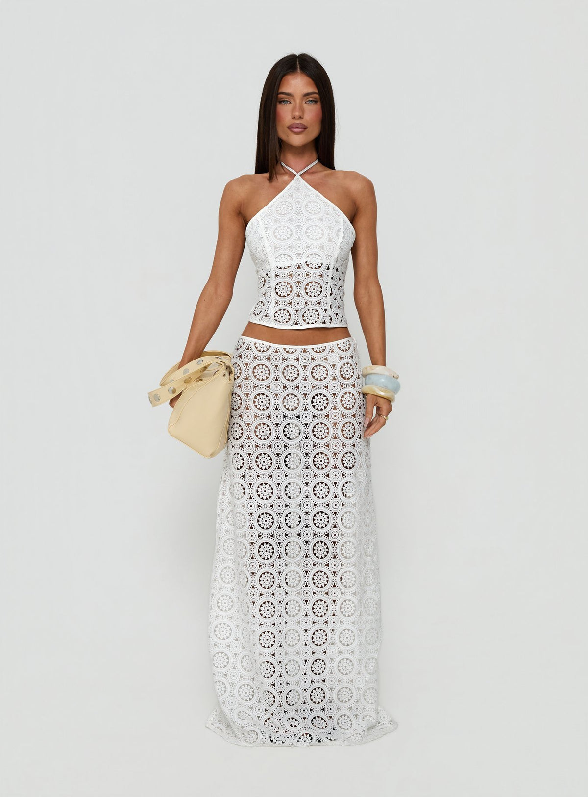 Introducing the Starting Fresh Crochet Maxi Skirt White in womens-skirts with a fitted aline silhouette front view of model wearing
