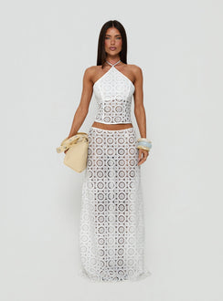 Introducing the Starting Fresh Crochet Maxi Skirt White in womens-skirts with a fitted aline silhouette front view of model wearing