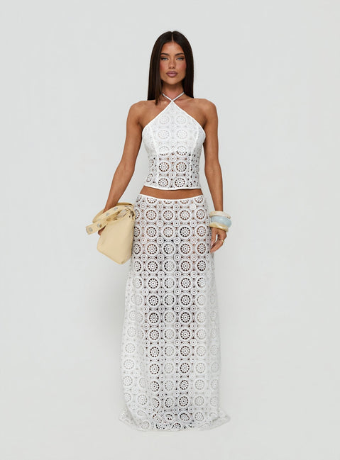 Introducing the Starting Fresh Crochet Maxi Skirt White in womens-skirts with a fitted aline silhouette front view of model wearing