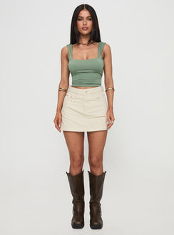 front view of model wearing Princess Polly Heuston Denim Skort Cream High Waisted Shorts 