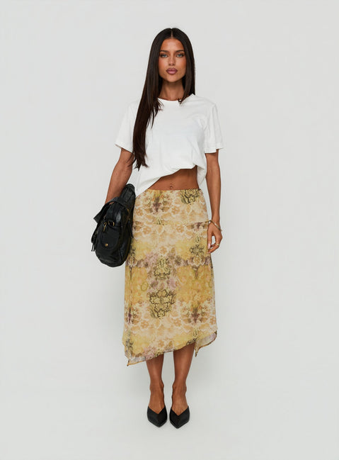Highlighting the Daphene Asymmetrical Midi Skirt Multi in womens-skirts with abstract print close-up Princess Polly