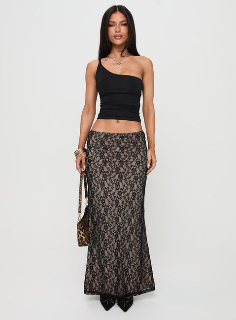   front view of model wearing Princess Polly Lourenzia Lace Maxi Skirt Black / Nude Maxi Skirts Skirts 