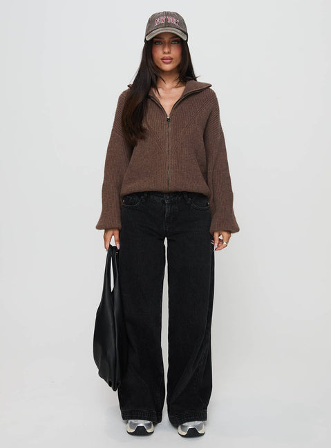 side view of model wearing Princess Polly Hertford Zip Through Knit Sweater Brown Jumpers 