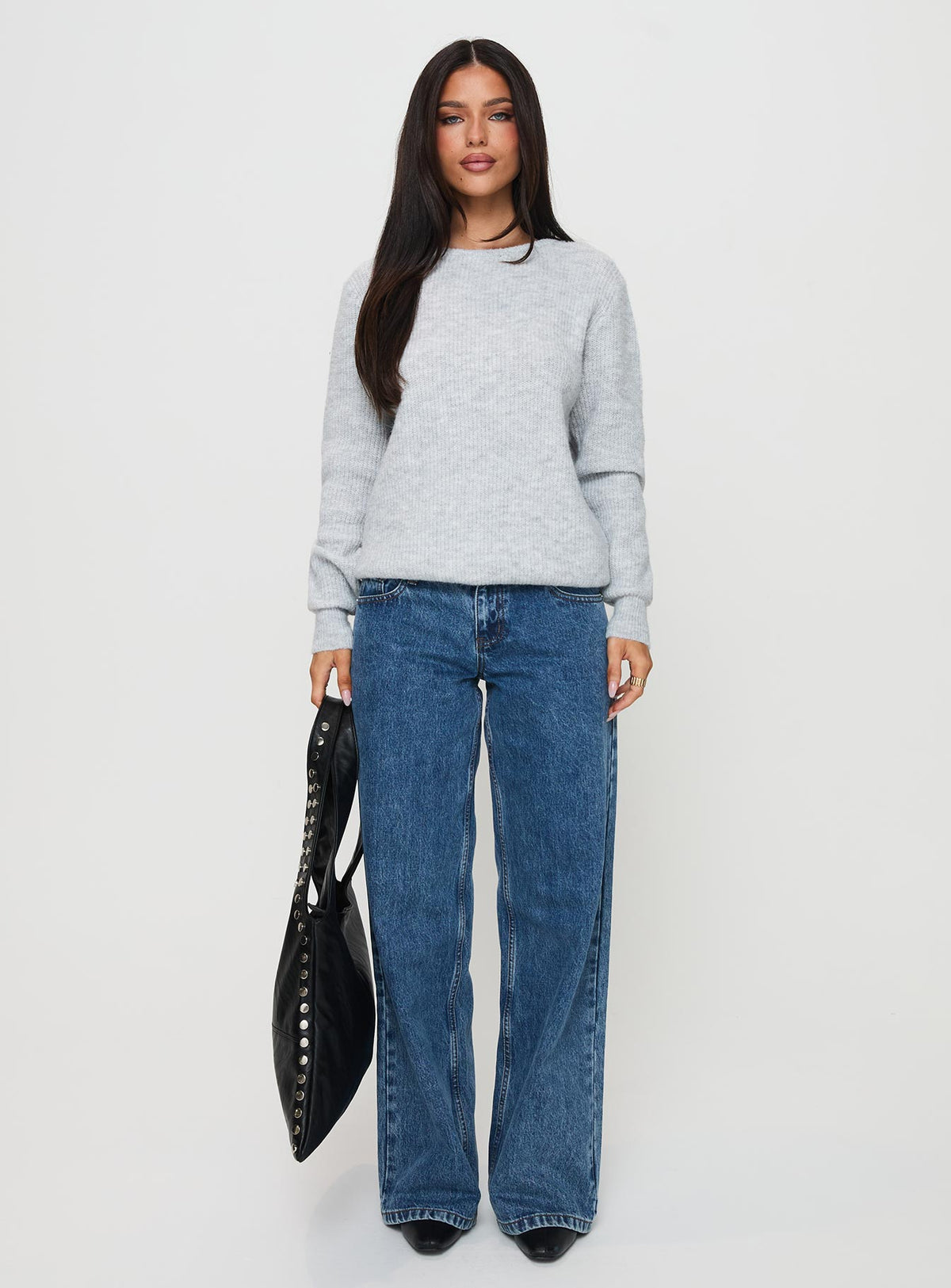 side view of model wearing Princess Polly Abrams Rib Knit Crew Sweater Grey Marle 
