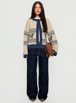 side view of model wearing Princess Polly Wynoni Alpine Knit Cardigan Beige / Navy Longline Jumpers Jumpers 