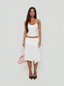 Crafted with the Opalie Asymmetrical Midi Skirt White Broderie in womens-skirts featuring fitted shape and lace hem detail view of model wearing Princess Polly