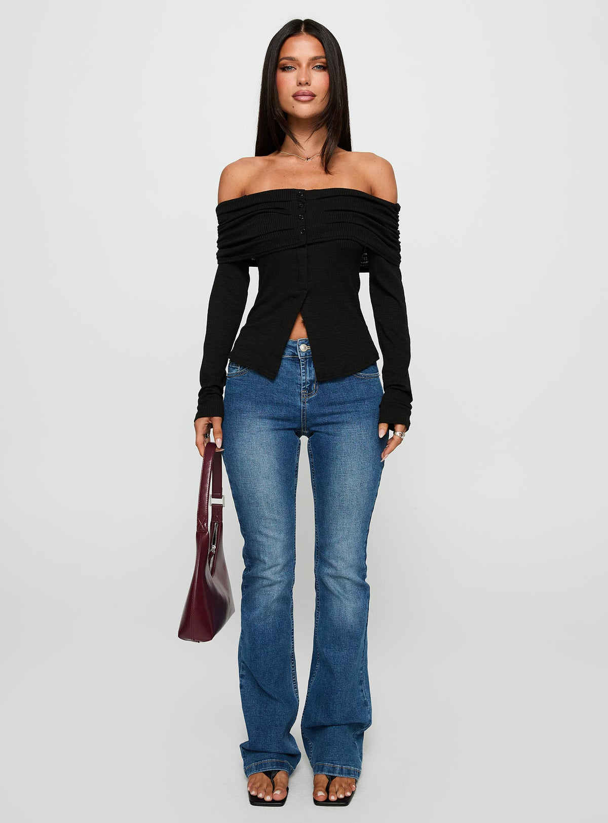 back view of model wearing Princess Polly Victorea Off Shoulder Top Black Full Sleeves straight 
