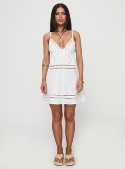 side view of model wearing Princess Polly Araxie Mini Dress White Plunger 