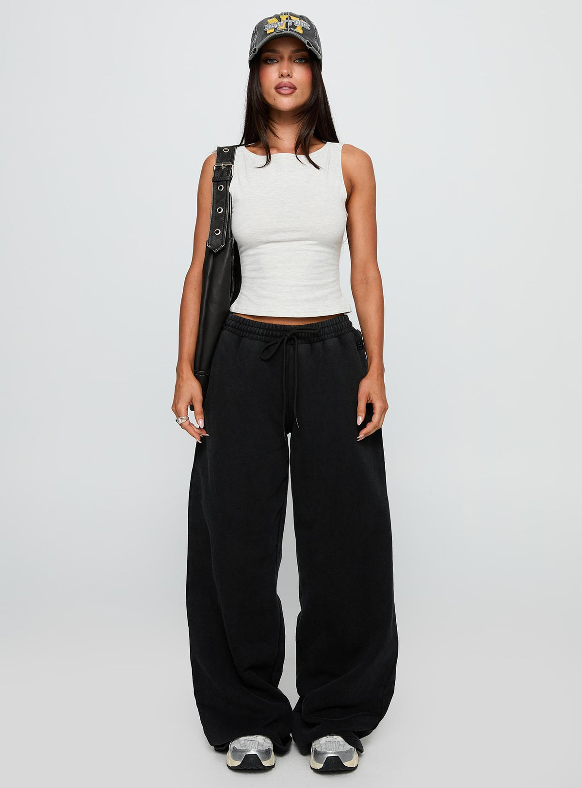 front view of model wearing Princess Polly Bleeker High Neck Top Grey Marle Sleeveless Crew Neck 