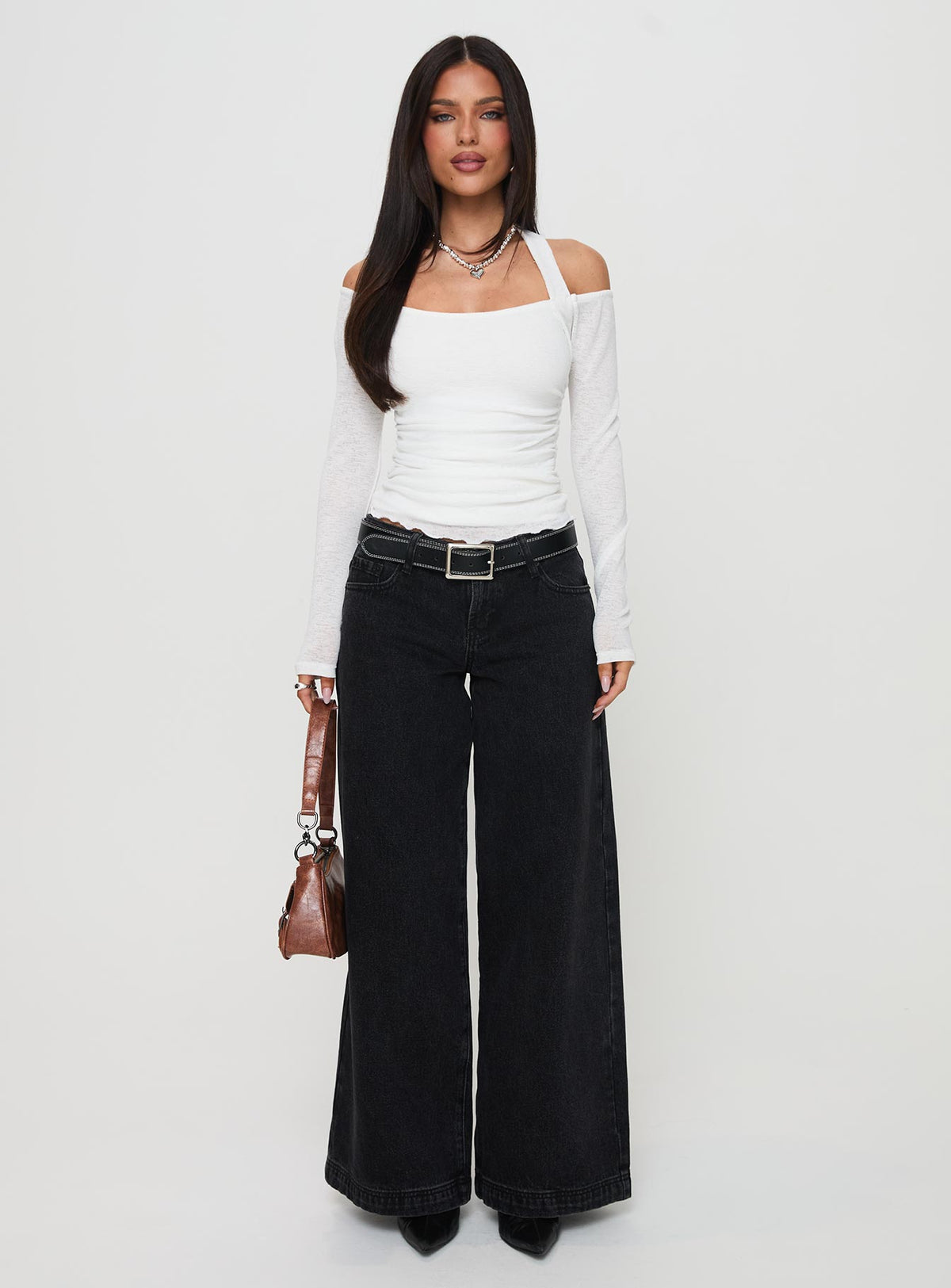 front view of model wearing Princess Polly Shivers Halter Long Sleeve Top White Full Sleeves 