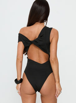 back view of model wearing Princess Polly Back To Back Off Shoulder Twist Back Bodysuit Black Short Sleeve Bodysuit 