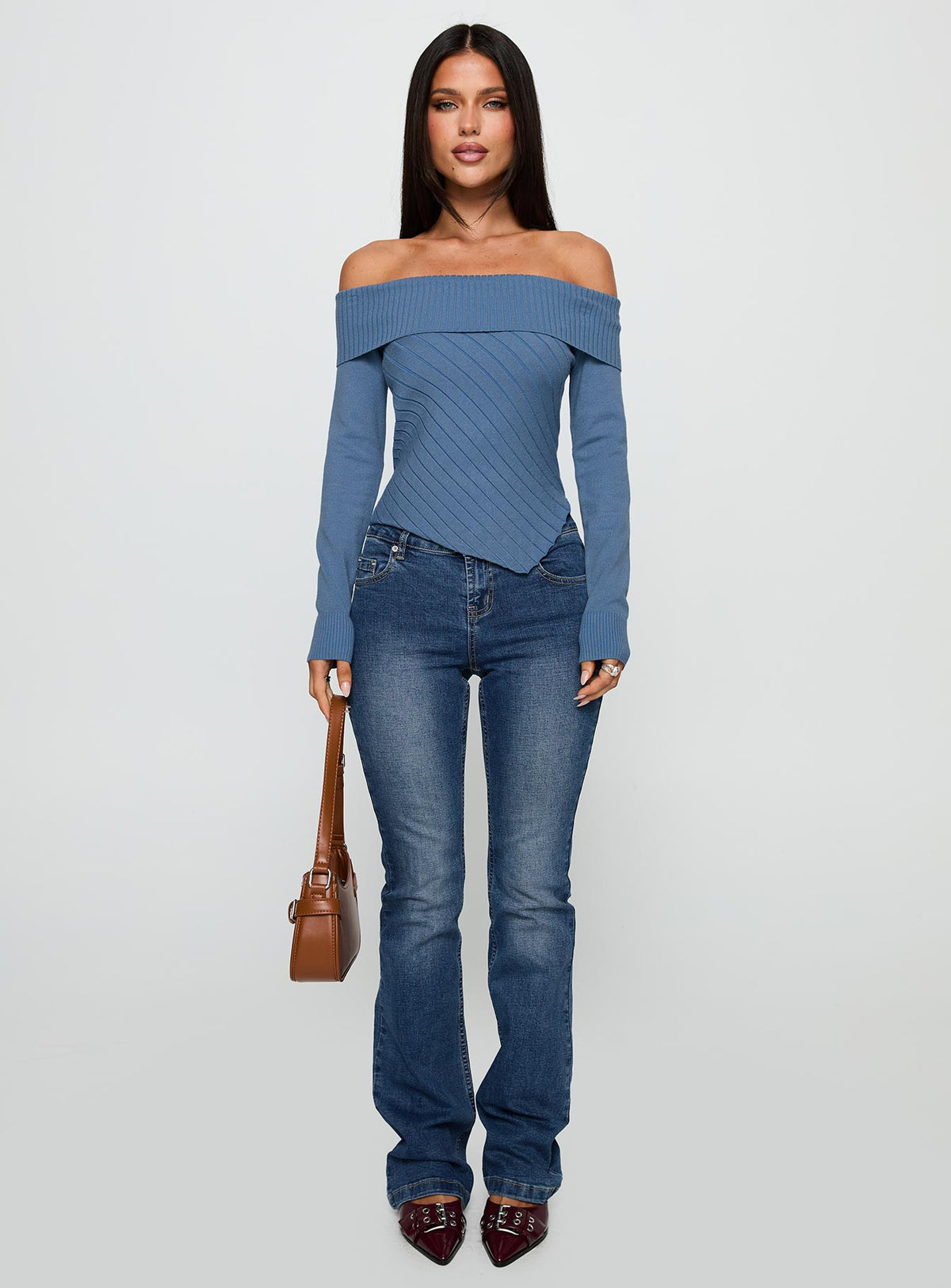 back view of model wearing Princess Polly Brisa Long Sleeve Top Blue Full Sleeves straight 