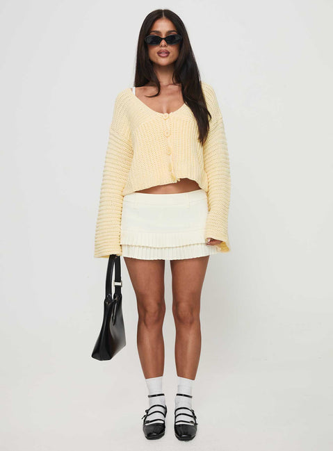 front view of model wearing Princess Polly Artha Cardigan Lemon Cropped Jumpers Jumpers 