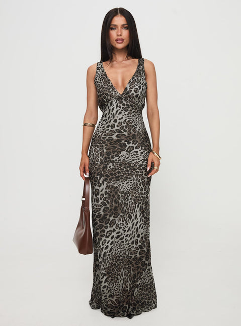 front view of model wearing Princess Polly Nellie Maxi Dress Leopard High Neck 