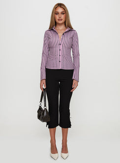 side view of model wearing Princess Polly You Hear Me Long Sleeve Top Pink Stripe Full Sleeves V-Neck 