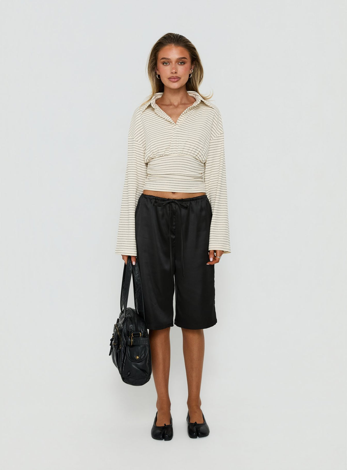 Raezer Cinched Polo Long Sleeve Top Cream Stripe