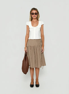 Featuring the Kasida Tie Detail Midi Skirt Brown Check in womens-skirts with midi length front view of model wearing Princess Polly