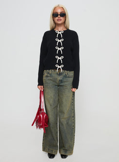 back view of model wearing Princess Polly Rosalee Cardigan Black / White Cropped Jumpers Jumpers 
