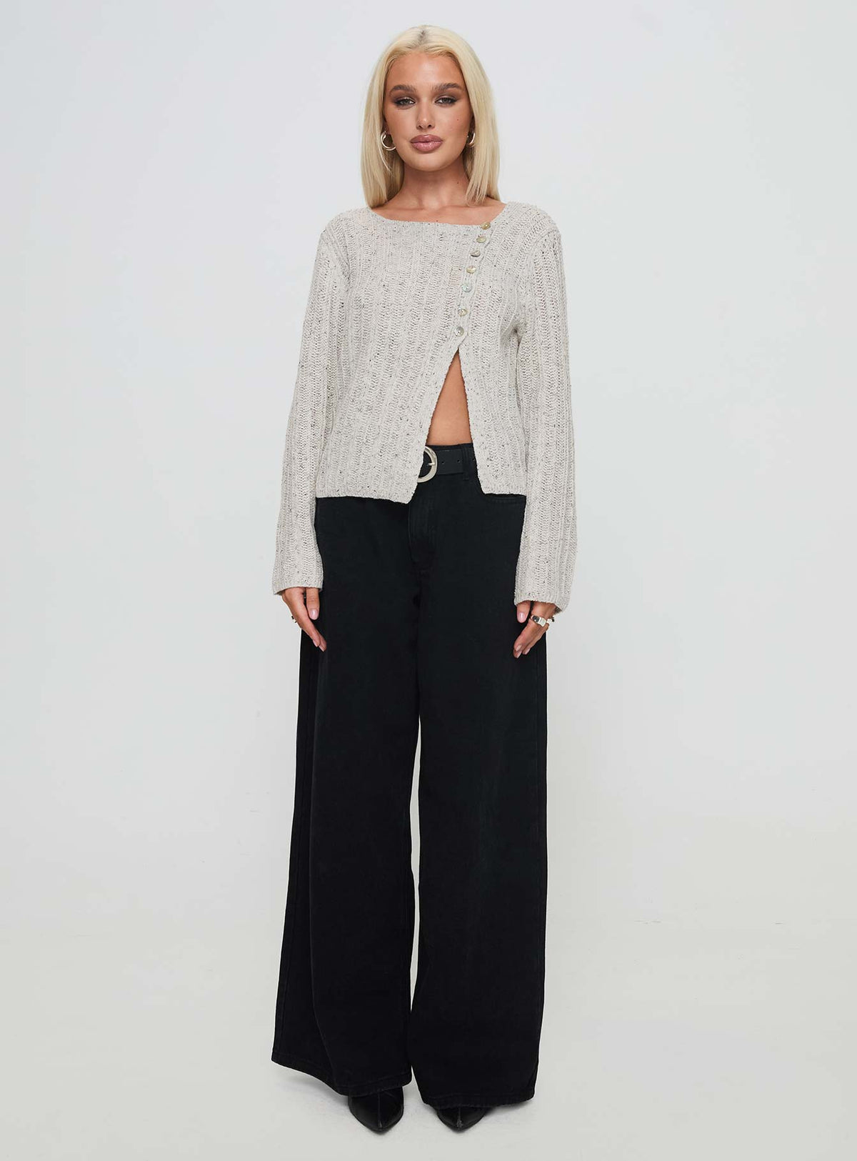 side view of model wearing Princess Polly Lenker Knit Jumper Grey Longline Jumpers Jumpers 
