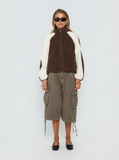 Fair Play Funnel Polar Fleece Zip Jacket Brown / Cream