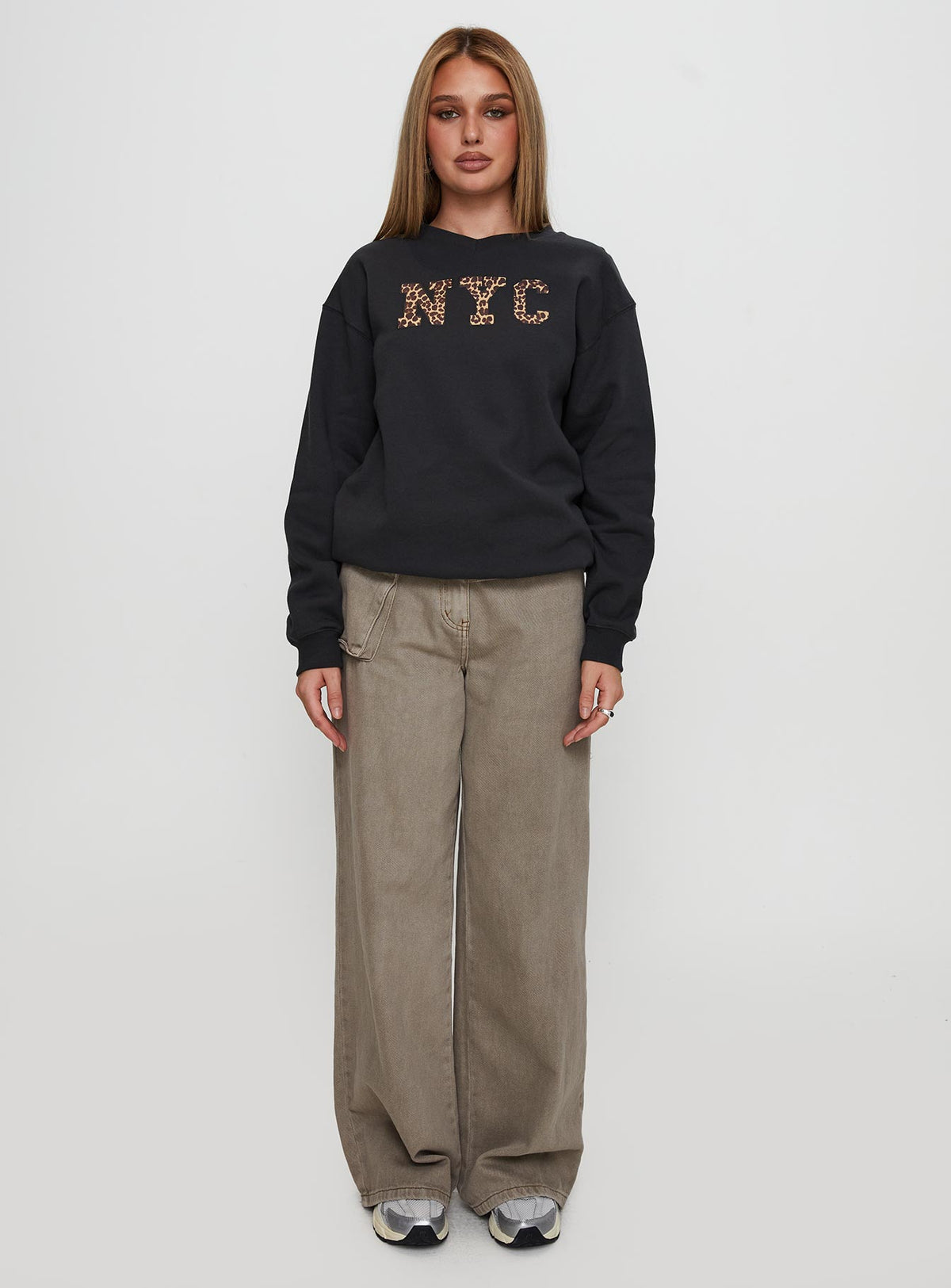 front view of model wearing Princess Polly Wild In NYC Sweater Black Jumpers 