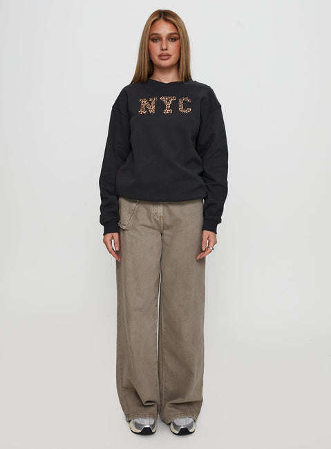 front view of model wearing Princess Polly Wild In NYC Sweater Black Jumpers 
