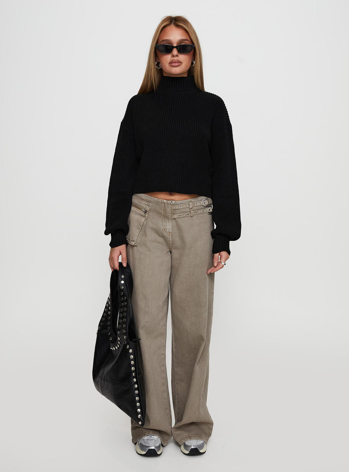 front view of model wearing Princess Polly Sayge Mock Neck Knit Sweater Black cropped Jumpers 