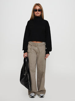 front view of model wearing Princess Polly Sayge Mock Neck Knit Sweater Black cropped Jumpers 