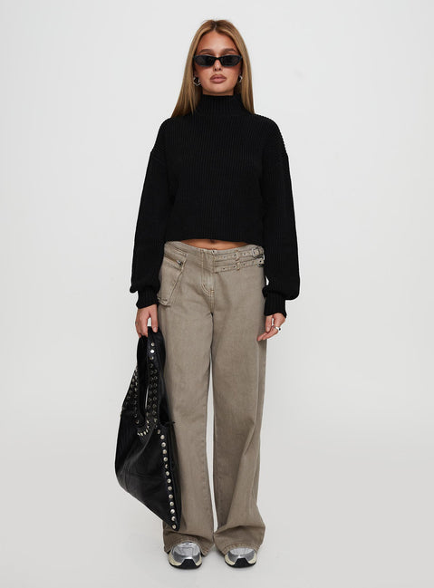front view of model wearing Princess Polly Sayge Mock Neck Knit Sweater Black cropped Jumpers 
