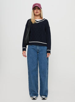 side view of model wearing Princess Polly Covina V Neck Knit Sweater Navy Jumpers 