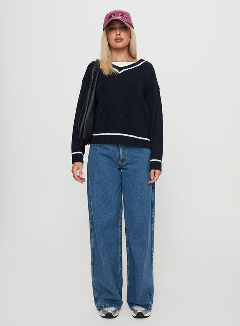 side view of model wearing Princess Polly Covina V Neck Knit Sweater Navy Jumpers 