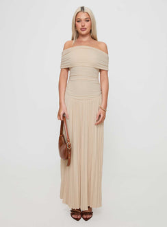 back view of model wearing Princess Polly Field Of Dreams Maxi Dress Oatmeal Straight Neck 