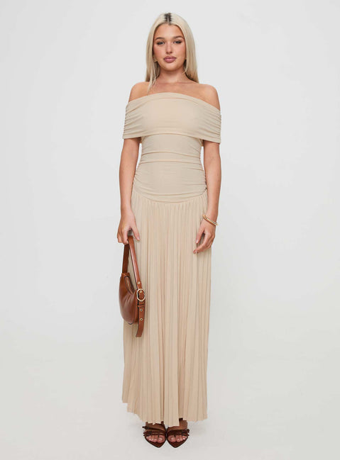 back view of model wearing Princess Polly Field Of Dreams Maxi Dress Oatmeal Straight Neck 