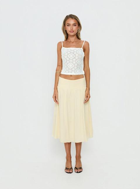 back view of model wearing Princess Polly Heart Of Gold Linen Blend Midi Skirt Lemon Midi Skirts Skirts 