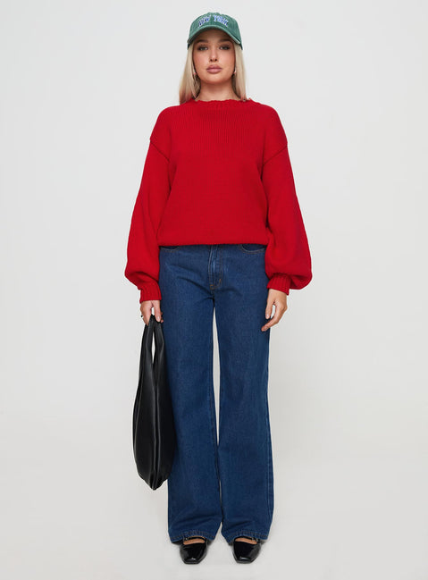 front view of model wearing Princess Polly Harmony Balloon Sleeve Knit Sweater Red Jumpers 